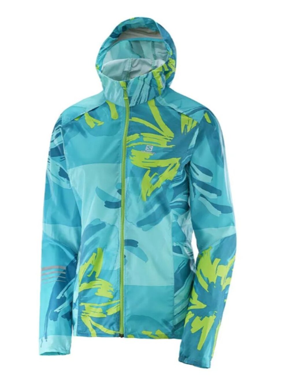 SALOMON Lightning Wind Graph Lightweight Hoodie Jacket Windbreaker L Blue Green